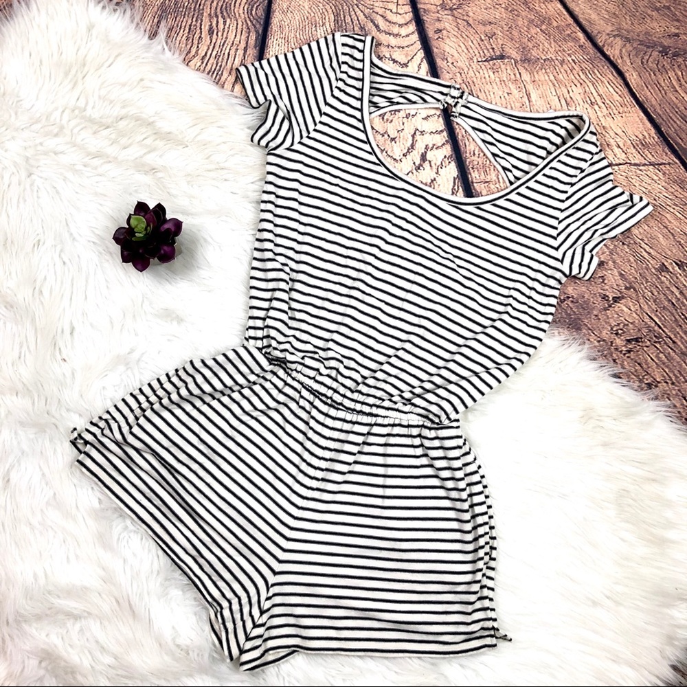 American Eagle Cream Black Striped Shorts Romper